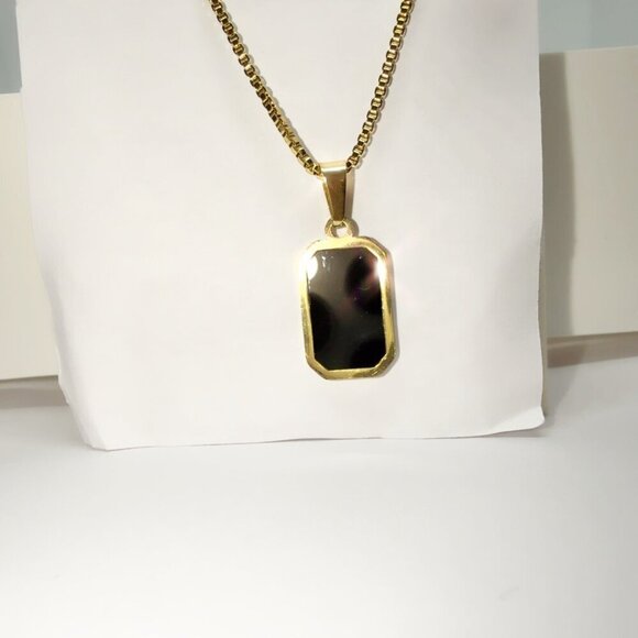 18K Gold Plated Stainless Steel Necklace Black Pendant - Picture 6 of 12